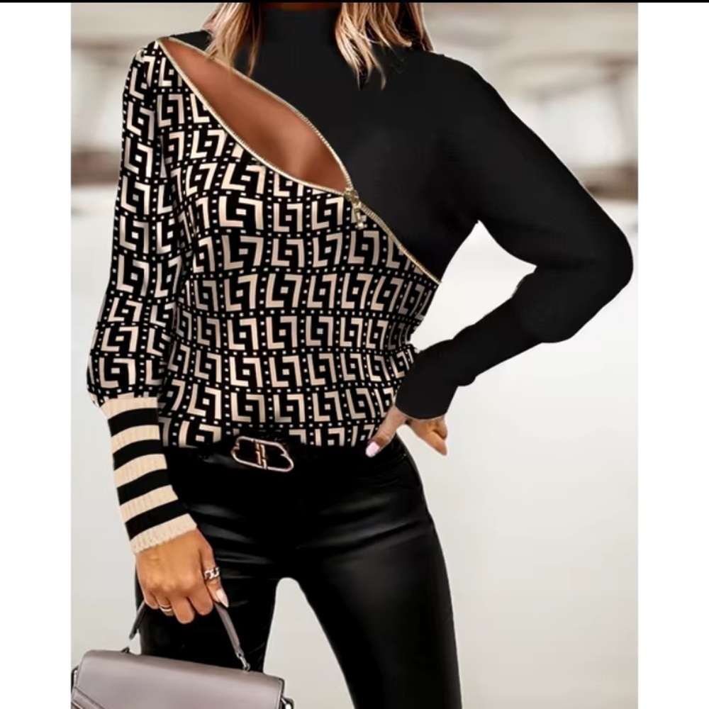 CHICME Women’s Geo Print Zip Front Long Sleeve Top Fashion Mock Neck Sz M